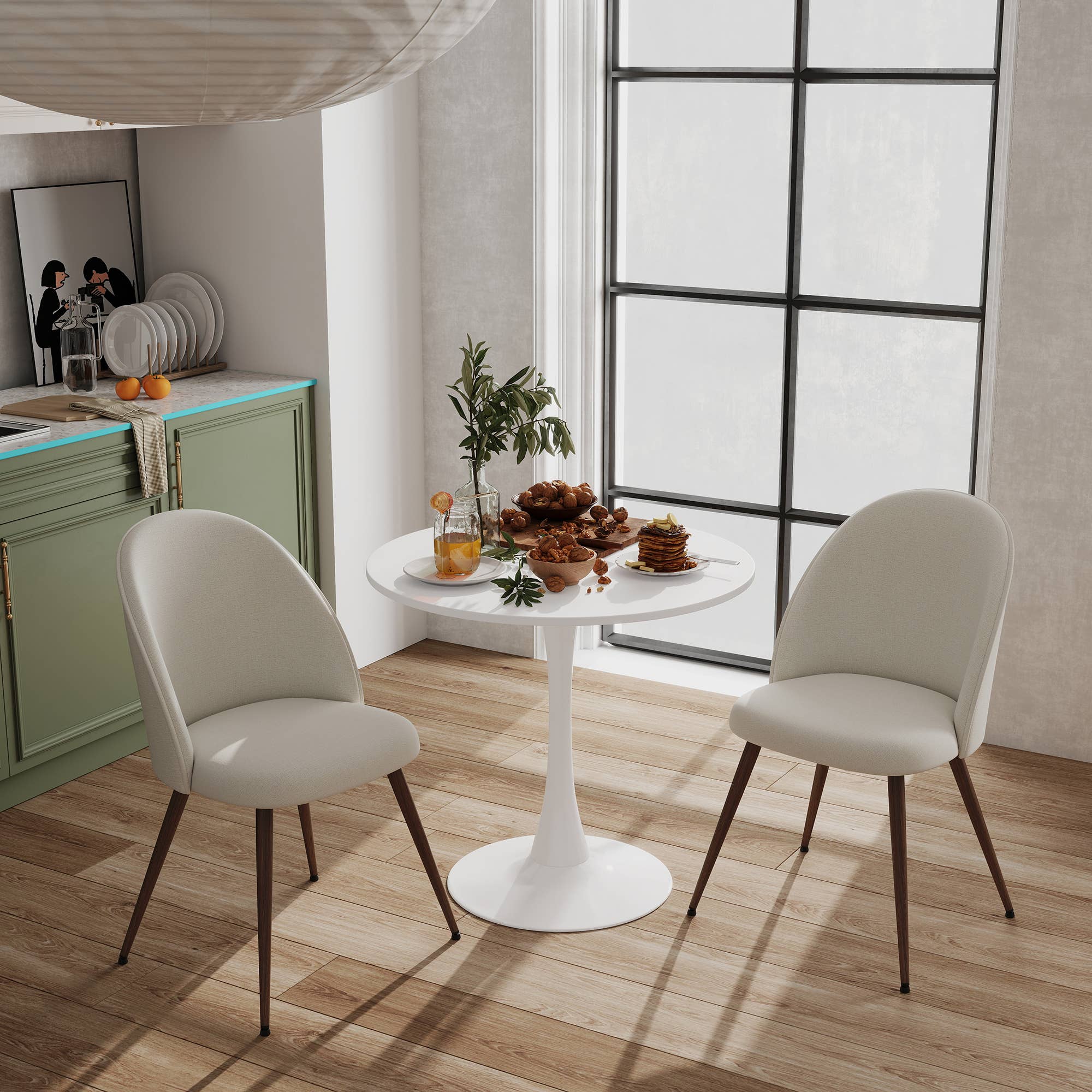 Chaises latérales rembourrées — Beige, pieds noyer