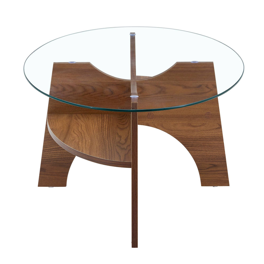 Table basse ovale en verre trempé avec étagère — Noyer
