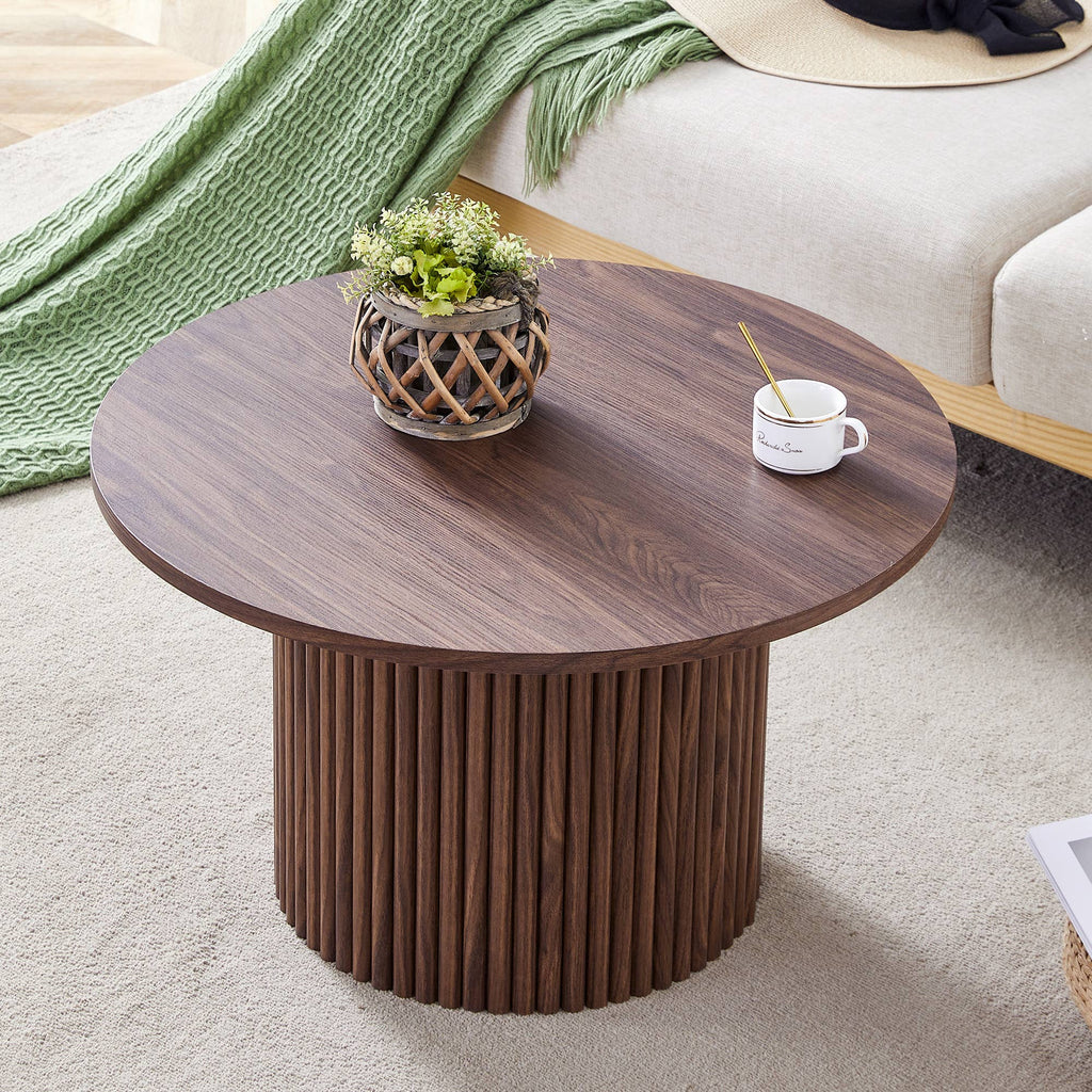 Table basse ronde 27,5 po, colonne romaine — Noyer