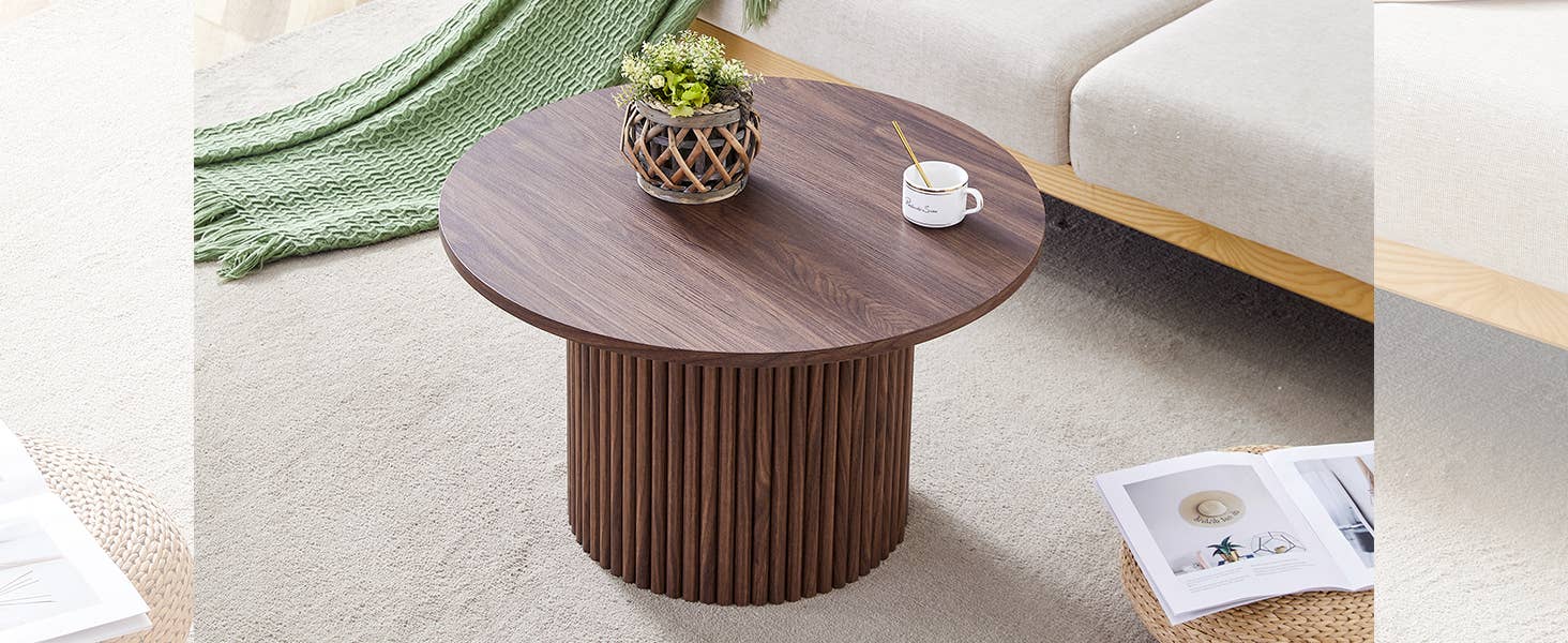Table basse ronde 27,5 po, colonne romaine — Noyer