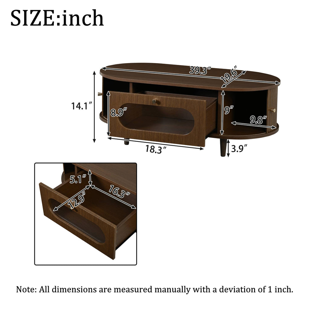 Table basse moderne avec porte tambour et tiroir — Noyer