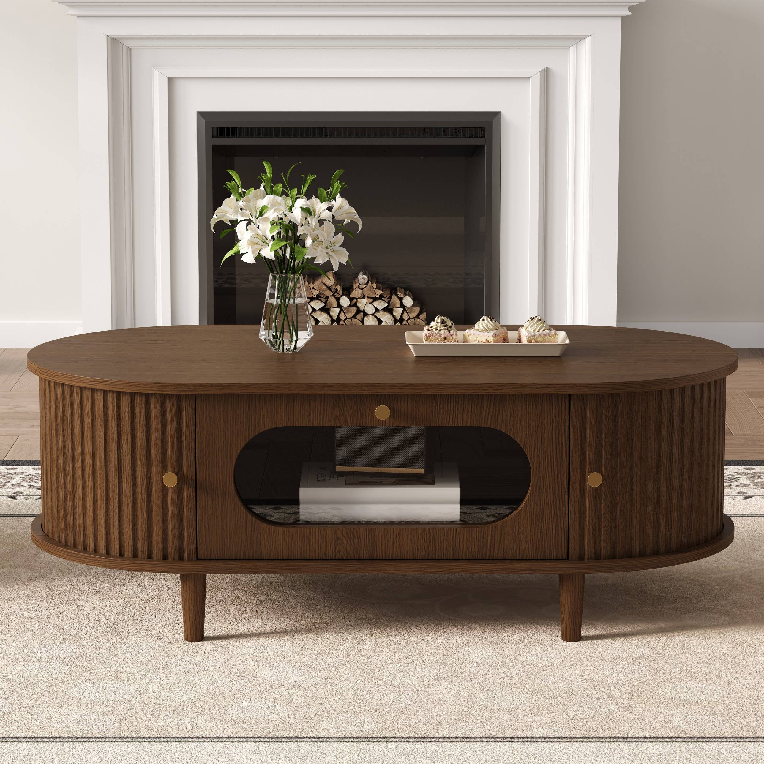Table basse moderne avec porte tambour et tiroir — Noyer