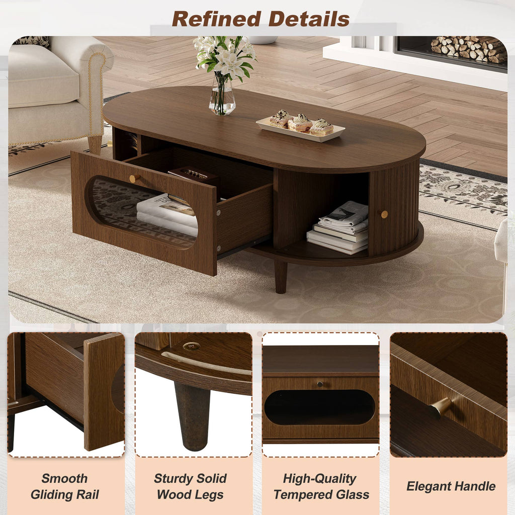 Table basse moderne avec porte tambour et tiroir — Noyer