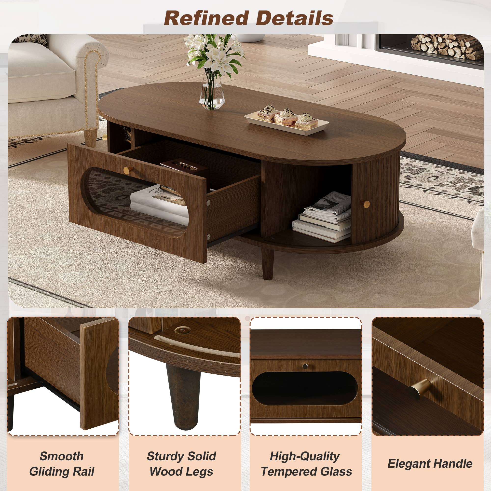Table basse moderne avec porte tambour et tiroir — Noyer