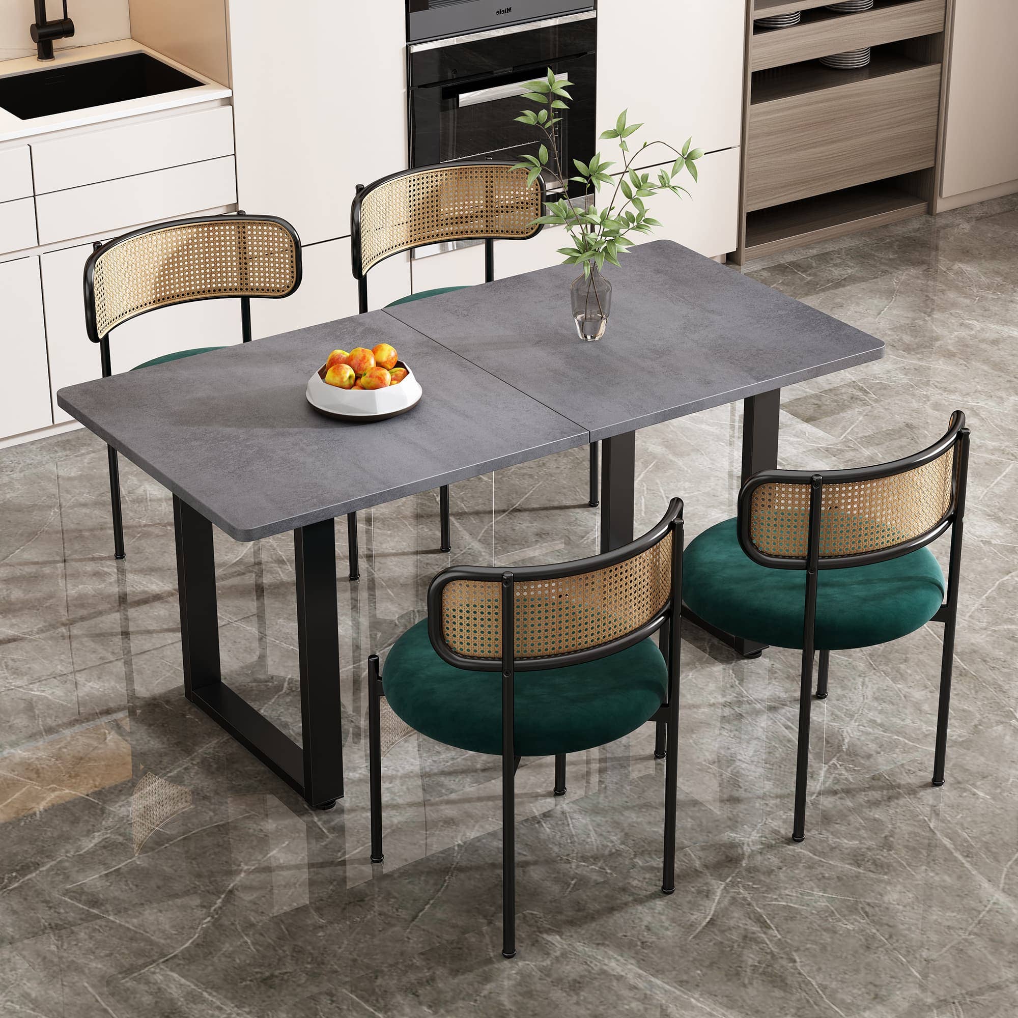 Ensemble de 4 chaises pivotantes velours et rotin PE — Noir