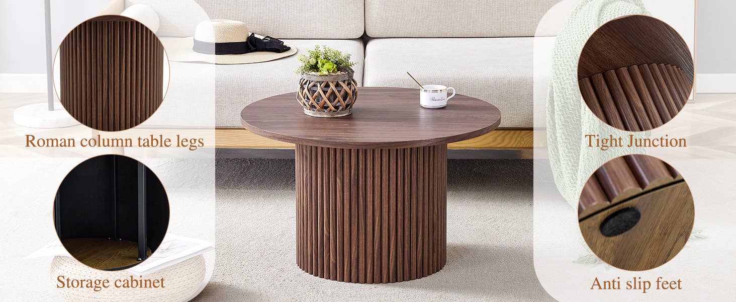 Table basse ronde 27,5 po, colonne romaine — Noyer