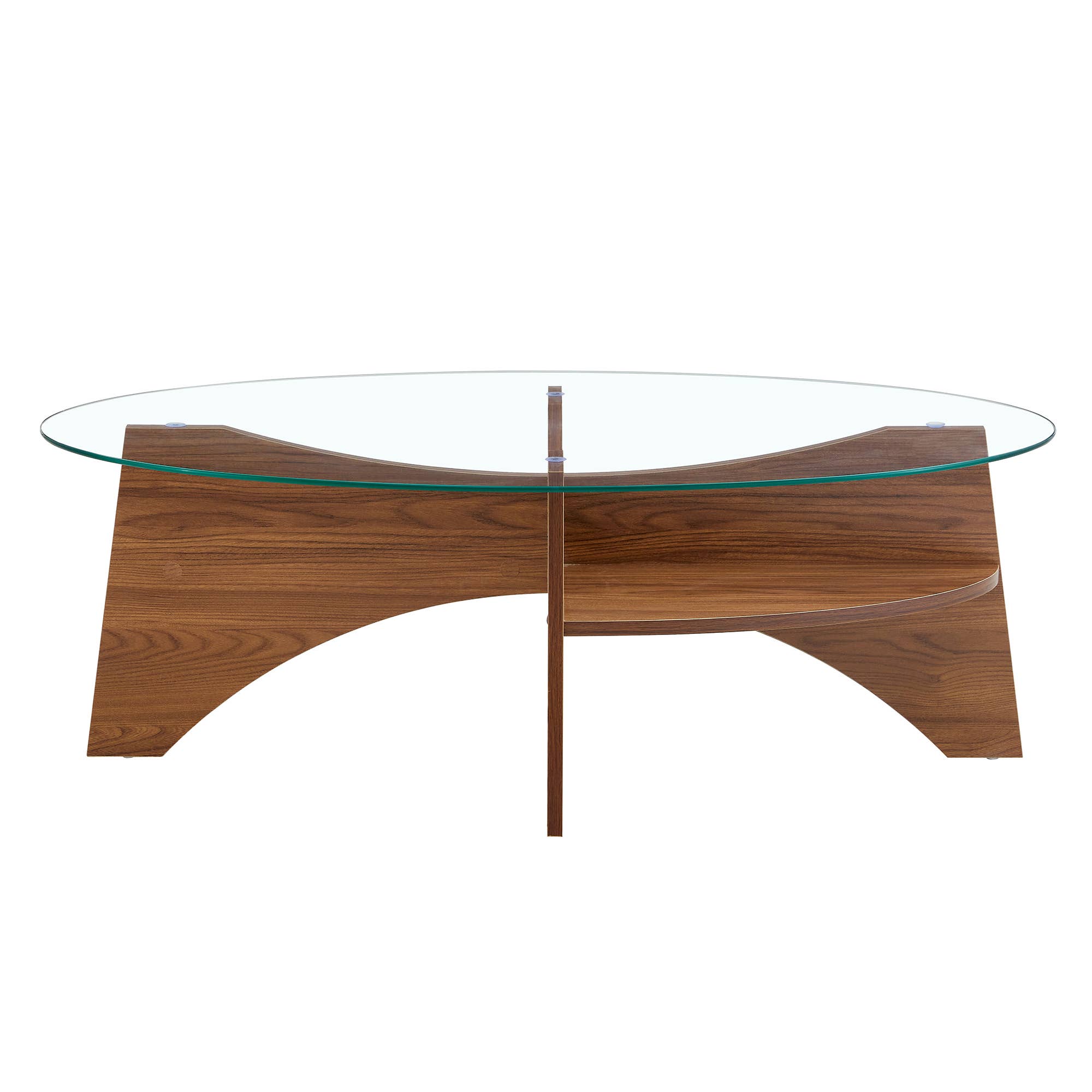 Table basse ovale en verre trempé avec étagère — Noyer