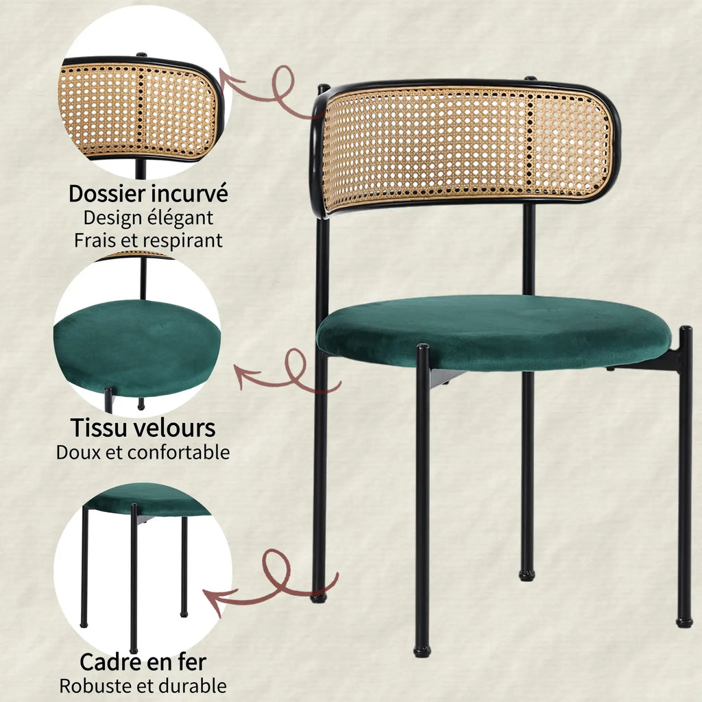 Ensemble de 4 chaises pivotantes velours et rotin PE — Noir