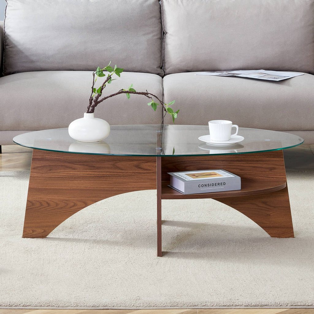 Table basse ovale en verre trempé avec étagère — Noyer