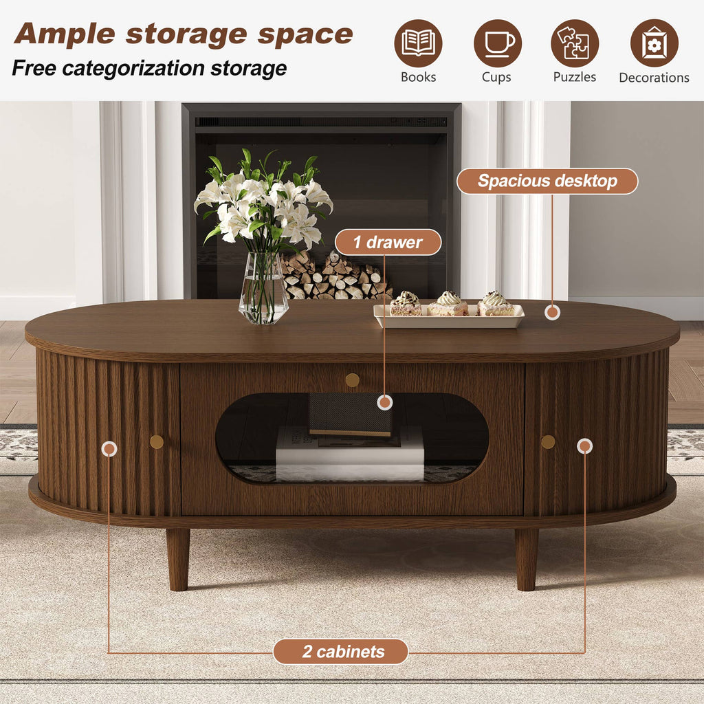 Table basse moderne avec porte tambour et tiroir — Noyer