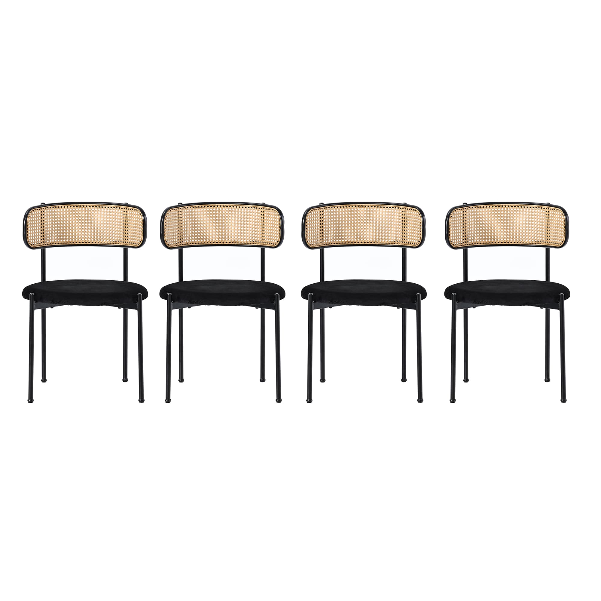 Ensemble de 4 chaises pivotantes velours et rotin PE — Noir