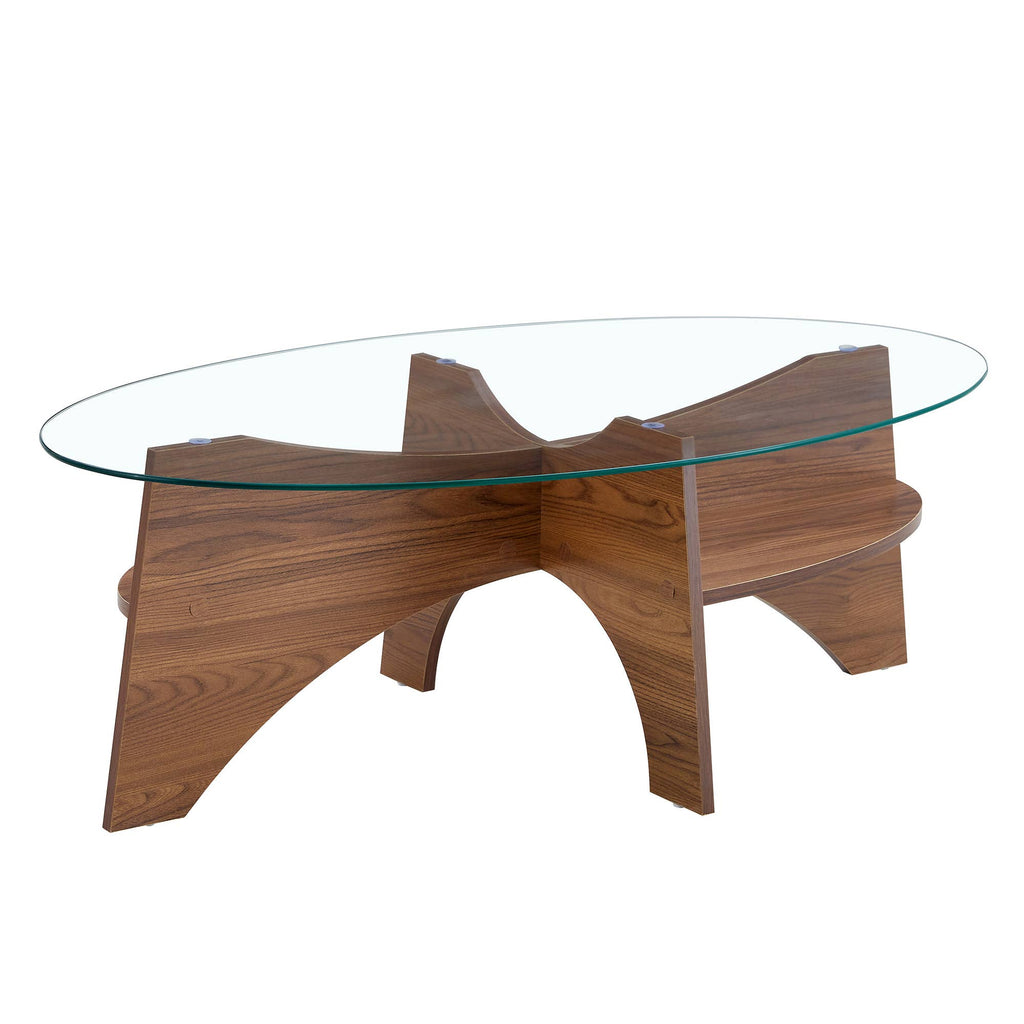 Table basse ovale en verre trempé avec étagère — Noyer