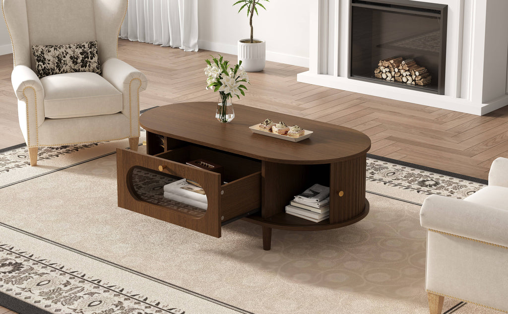 Table basse moderne avec porte tambour et tiroir — Noyer